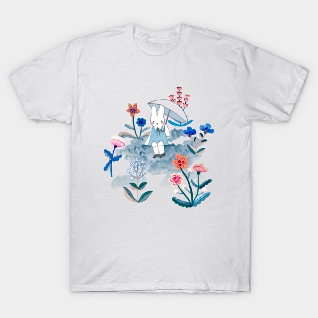 Bunny in the rain surrounded by flowers T-Shirt by Cati Daehnhardt